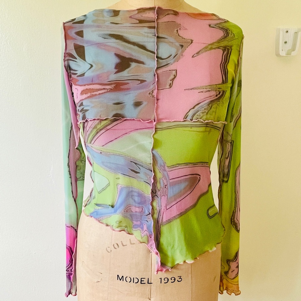 NWOT Paloma Lira psychedelic sheer asymmetrical top XL - Picture 3 of 11